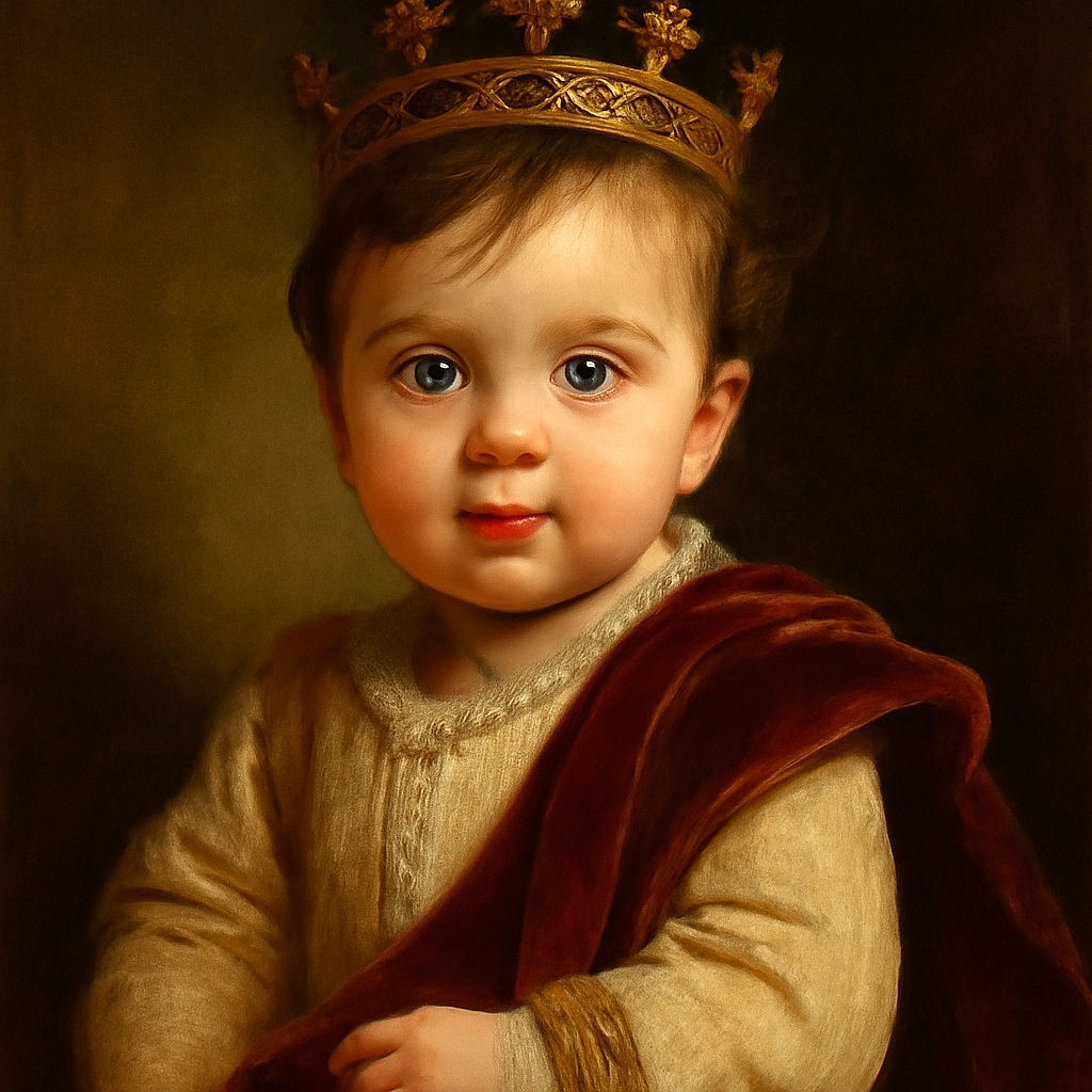 A close-up of an adorable baby with big curious eyes and tousled hair, lying on a soft white bed, looking straight into the camera with an innocent and playful expression.