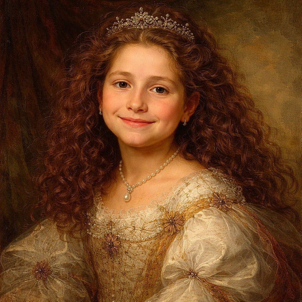 A cheerful child with wild, wind-swept hair smiles warmly at the camera while lying back against a smooth, muted green surface, wearing a cozy black sweater decorated with large white floral patterns.