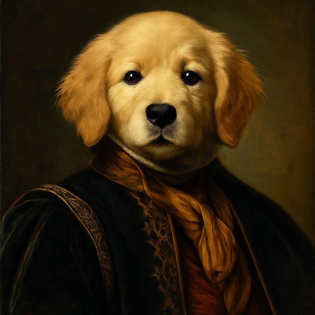 A fluffy golden retriever puppy lies happily on a paved path, tongue out and eyes gleaming with joy, wearing a bright red collar attached to a colorful leash. The background is softly blurred greenery, making the puppy the star of this adorable outdoor snapshot.