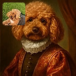 A fluffy curly-haired dog with adorable yellow bows on its ears lounges on vibrant green grass, looking up with soulful eyes as if ready for a sunny day adventure or a belly rub.