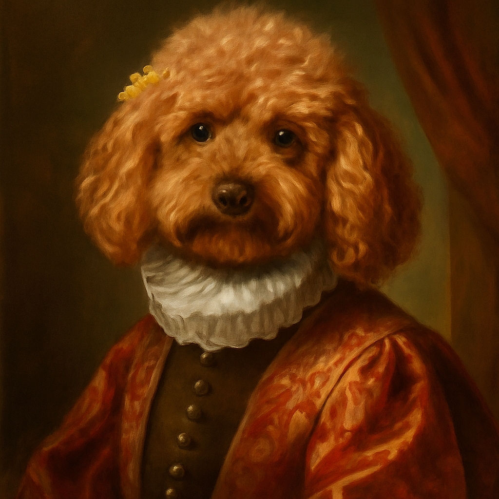 A fluffy curly-haired dog with adorable yellow bows on its ears lounges on vibrant green grass, looking up with soulful eyes as if ready for a sunny day adventure or a belly rub.