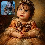 A curious baby with big sparkling eyes sits cross-legged on a soft bed, wearing a cozy orange sweater adorned with a leopard-print bow, clutching their hands together as if plotting a tiny adventure.