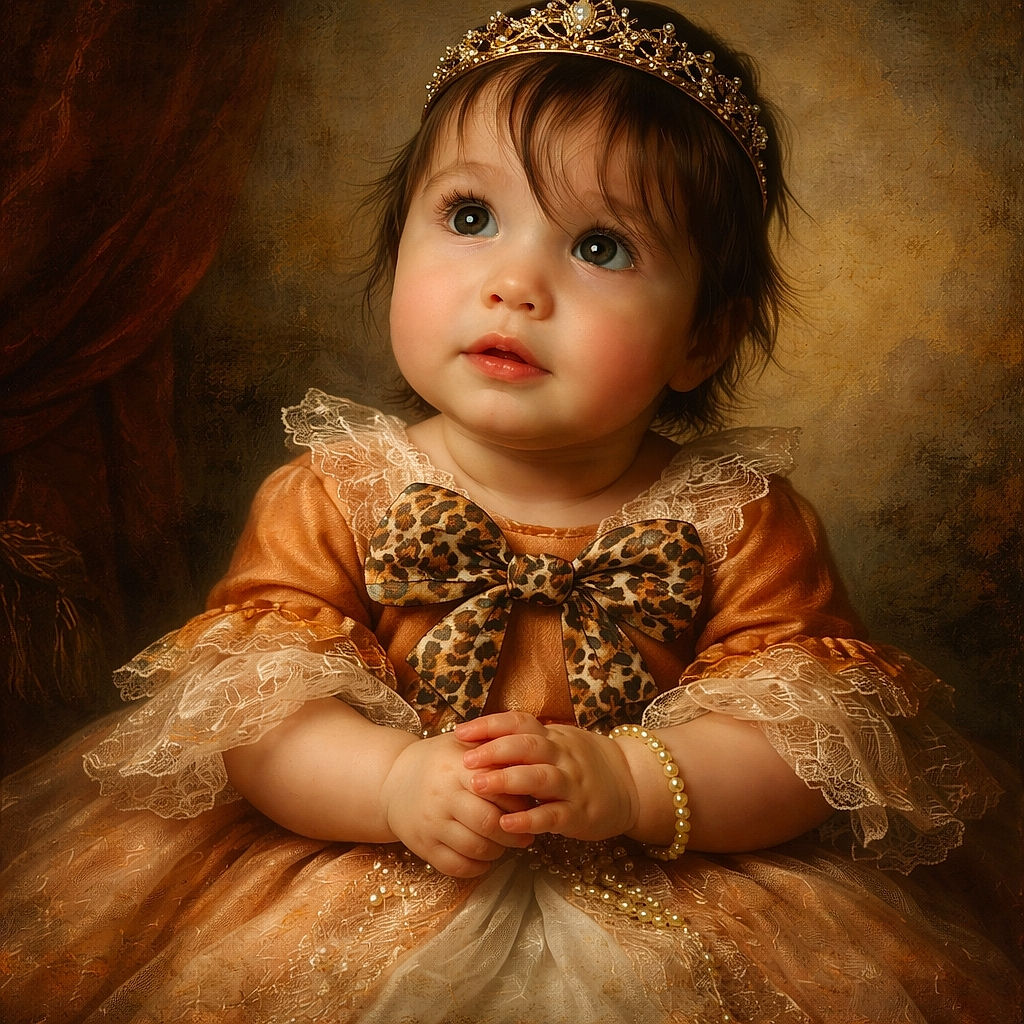 A curious baby with big sparkling eyes sits cross-legged on a soft bed, wearing a cozy orange sweater adorned with a leopard-print bow, clutching their hands together as if plotting a tiny adventure.