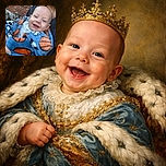 A joyful baby wrapped in a cozy blue blanket decorated with basketballs, smiling widely while being held by an adult. The background shows a brick wall and garden statues, adding a homey outdoor vibe.