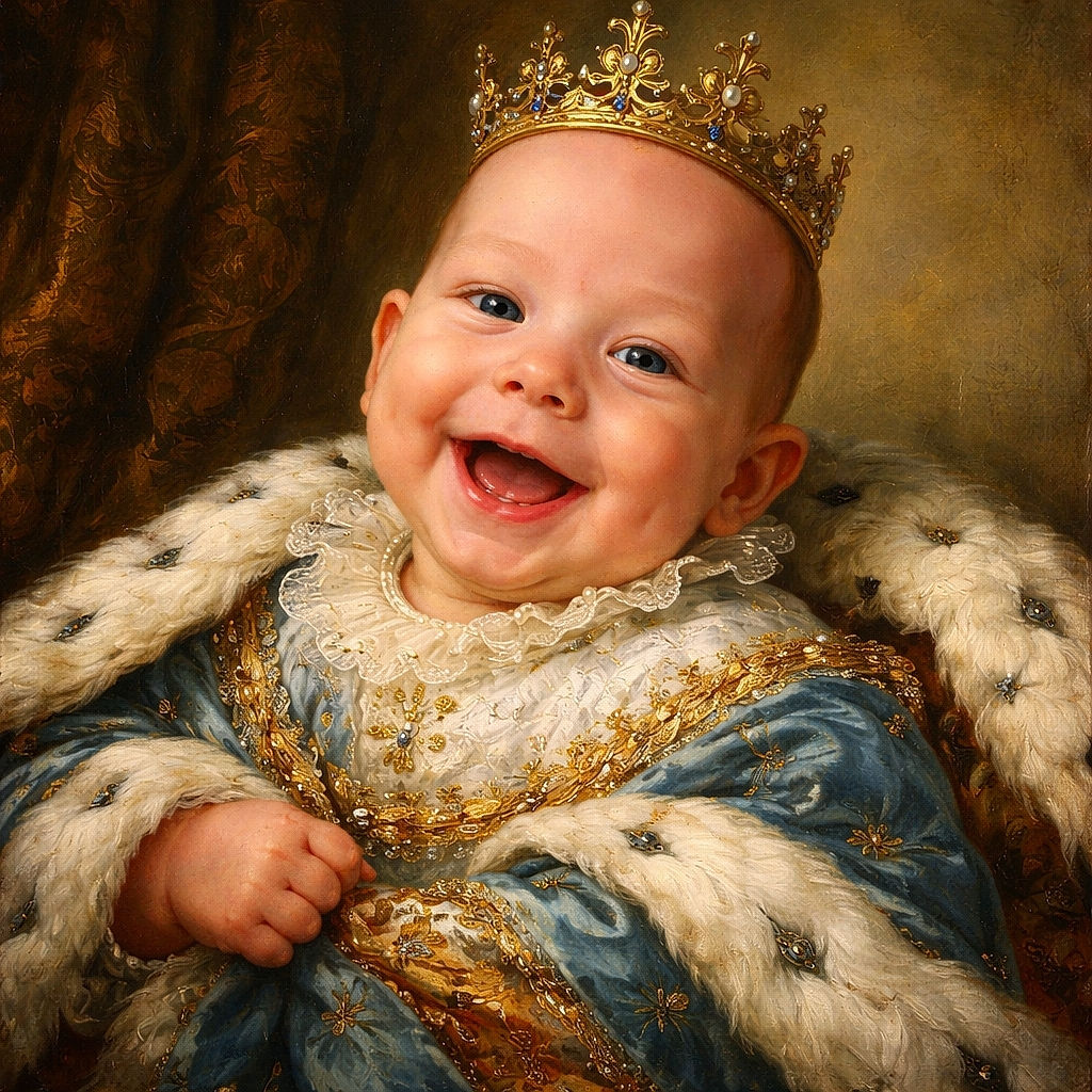 A joyful baby wrapped in a cozy blue blanket decorated with basketballs, smiling widely while being held by an adult. The background shows a brick wall and garden statues, adding a homey outdoor vibe.