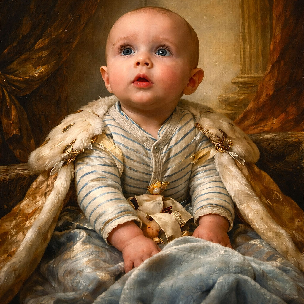 A wide-eyed baby in striped pajamas sits propped up on a pillow, clutching a soft blanket with an expression of awe or curiosity, set against a cozy but dimly lit room with a painted wall and some furniture in the background.