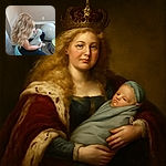 A cozy scene where a woman with voluminous blonde curls is sitting on a blue exercise ball, gently cradling a sleeping baby wrapped snugly in a gray cloth sling. The baby sports a pacifier and a cute hood, while the room features wooden flooring, a large silver exercise ball, and a bucket with a yellow lid.