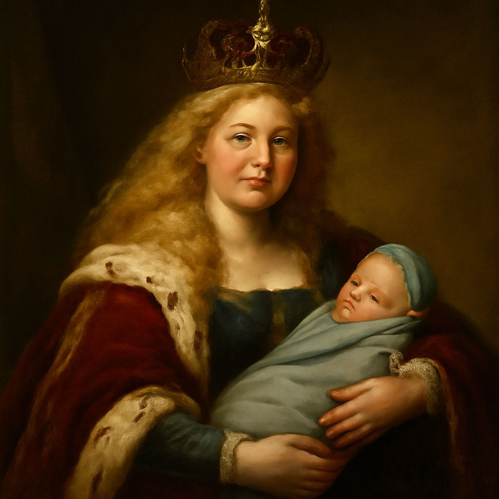 A cozy scene where a woman with voluminous blonde curls is sitting on a blue exercise ball, gently cradling a sleeping baby wrapped snugly in a gray cloth sling. The baby sports a pacifier and a cute hood, while the room features wooden flooring, a large silver exercise ball, and a bucket with a yellow lid.