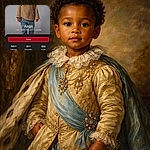 A toddler standing in front of a plain background, looking seriously at the camera, dressed in a beige sweater and blue jeans. The photo is part of a voting contest webpage with French text overlaying the image, including voting information and rankings.