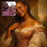 A cozy selfie of a smiling young woman with colorful braided hair and a curious baby in floral clothes, both sharing a warm moment indoors with a bright window and wall art in the background.