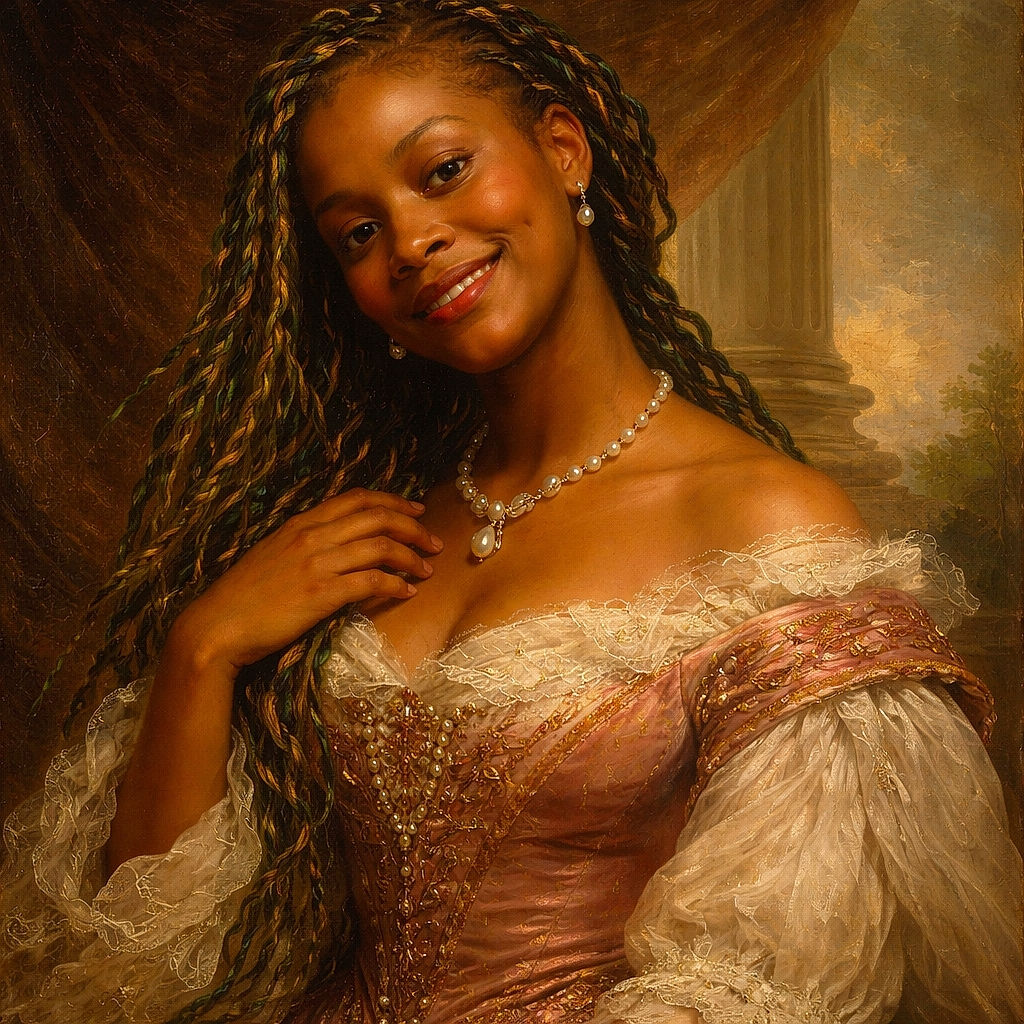 A cozy selfie of a smiling young woman with colorful braided hair and a curious baby in floral clothes, both sharing a warm moment indoors with a bright window and wall art in the background.