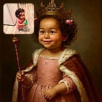 A cute toddler with curly hair adorned with pink bows is standing on a wooden floor, holding a green-lidded cup with two straws, looking up with a curious expression. The background shows a chair and part of a white appliance, creating a cozy indoor scene.