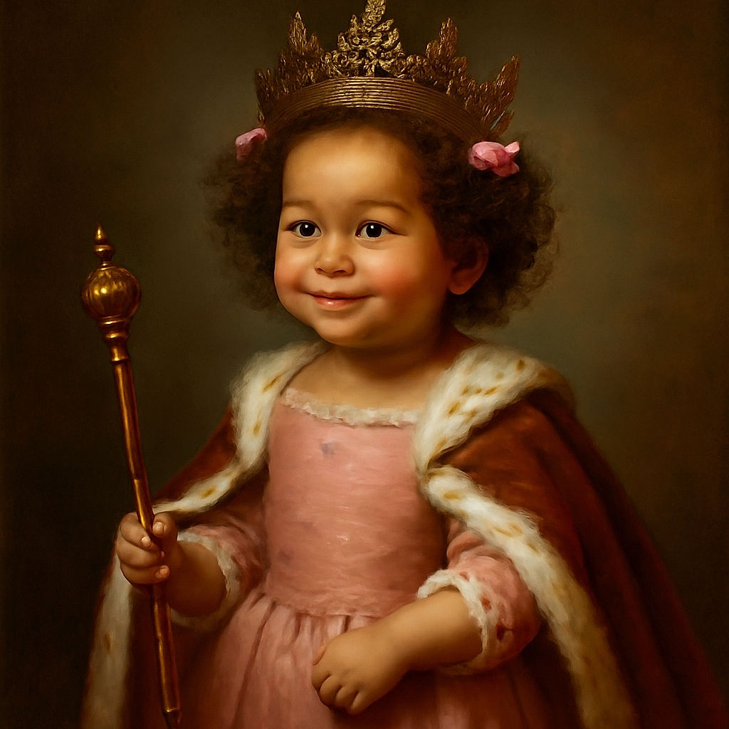 A cute toddler with curly hair adorned with pink bows is standing on a wooden floor, holding a green-lidded cup with two straws, looking up with a curious expression. The background shows a chair and part of a white appliance, creating a cozy indoor scene.