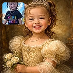 A cheerful toddler with pigtails beams at the camera, sporting a colorful 'La Mini Mas Bonita' shirt and blue jeans, standing confidently outdoors against a bright blue sky with fluffy clouds.