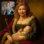 A smiling woman with blonde curly hair sits on a blue exercise ball, carrying a peacefully sleeping baby in a gray Moby wrap carrier. The baby has a pacifier and a small plush toy, creating a cozy and tender moment indoors on a wooden floor.