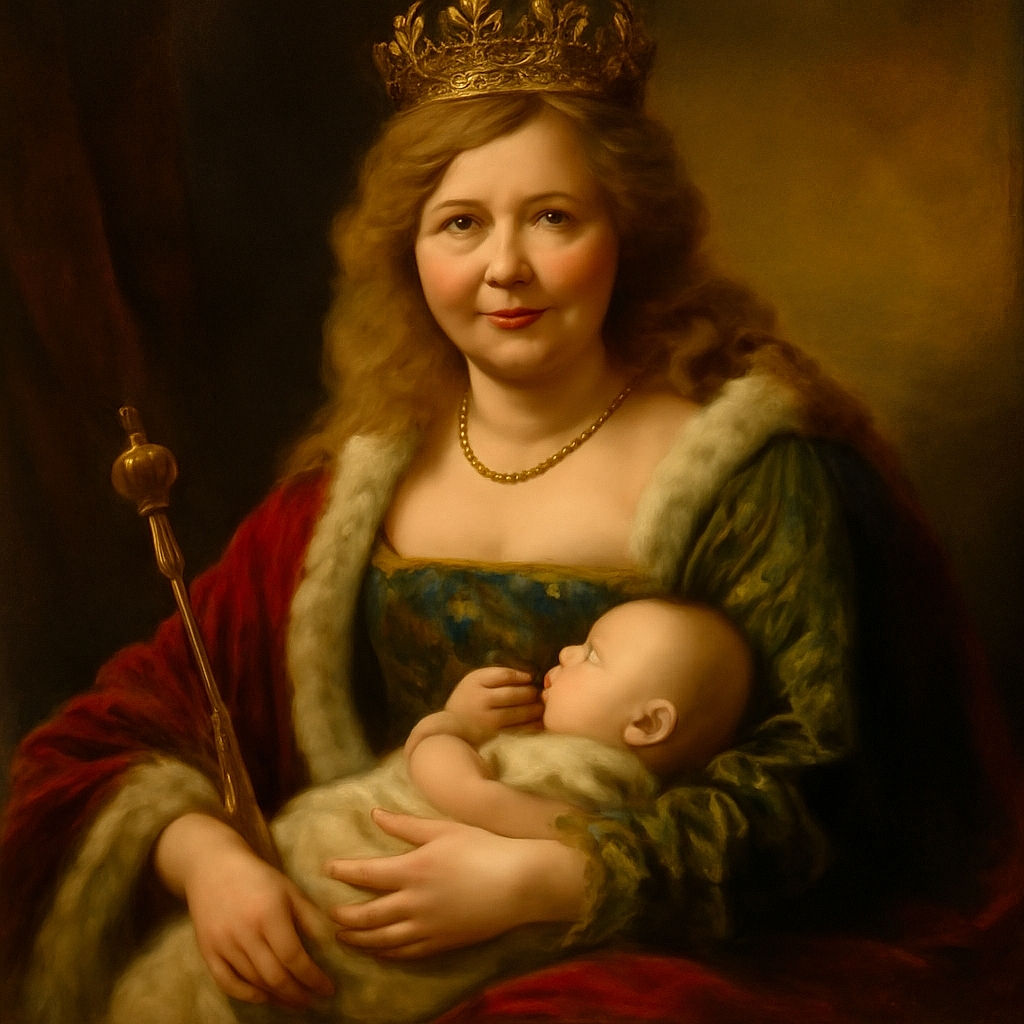 A smiling woman with blonde curly hair sits on a blue exercise ball, carrying a peacefully sleeping baby in a gray Moby wrap carrier. The baby has a pacifier and a small plush toy, creating a cozy and tender moment indoors on a wooden floor.