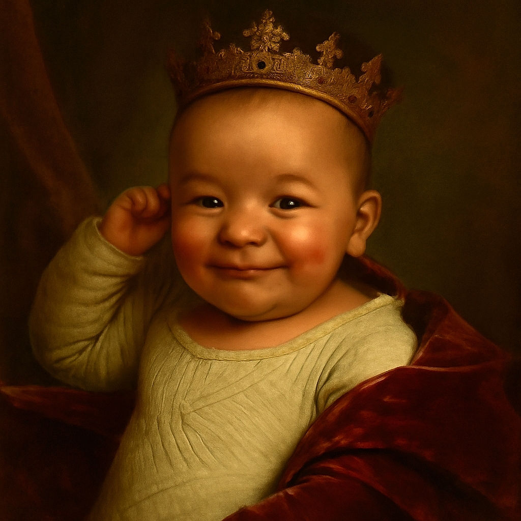 A smiling baby lying on a patterned blanket with a cozy textured cream outfit, looking off to the side with a playful expression, surrounded by soft fabrics that enhance the warmth of the moment.