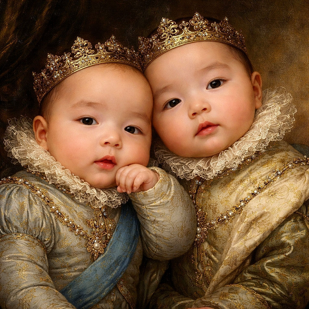 Two squishy-faced babies squashed together for maximum cuddle impact — one looks contemplative, the other is testing their fingers for taste. Close-up, warm-toned, and guaranteed to cause involuntary "aww" reactions.