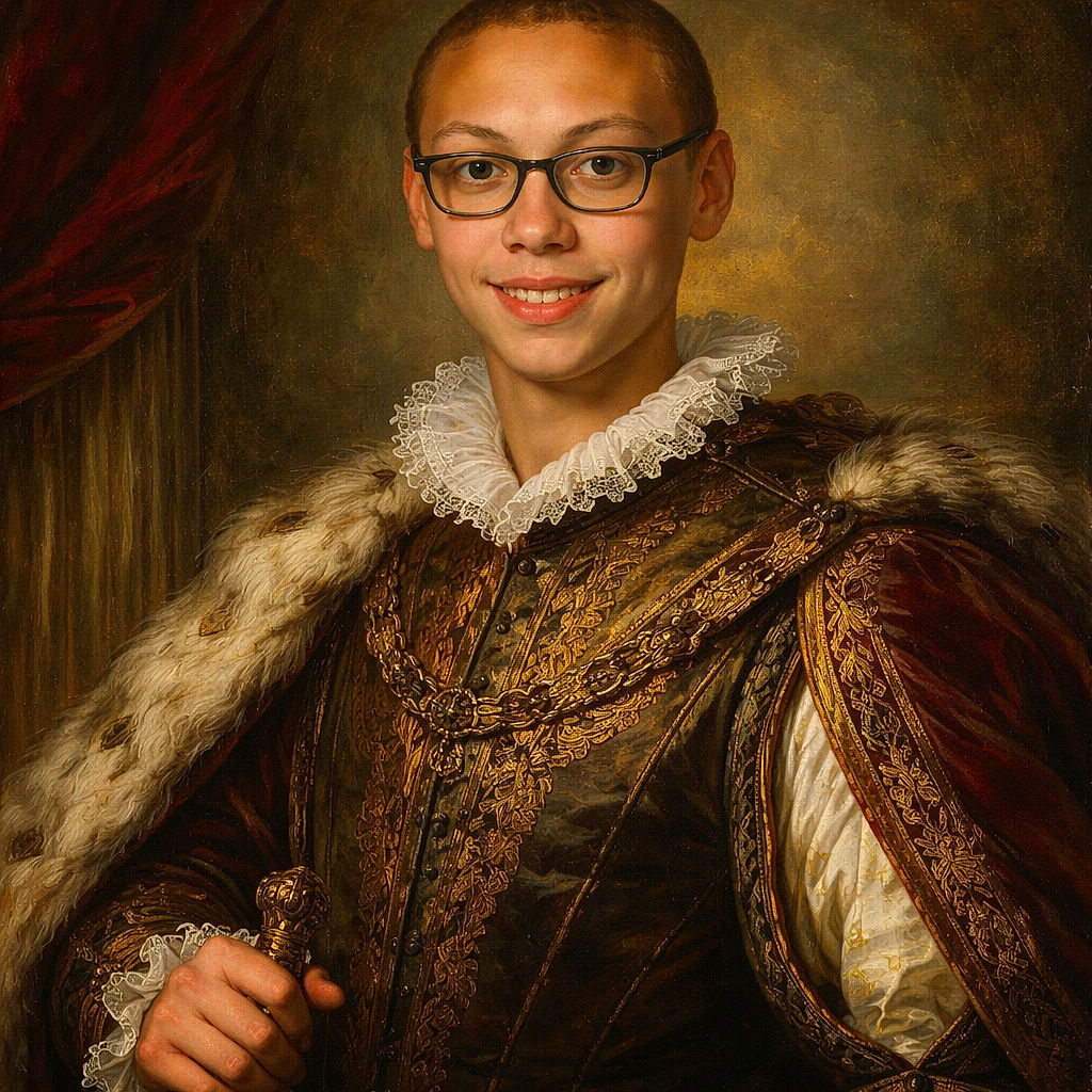 A cheerful young teen with glasses smiles confidently against a vibrant blue backdrop, wearing a bright floral shirt that adds a sunny touch to this classic portrait.