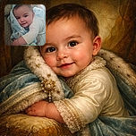 A cute baby cuddles a soft blue blanket with a smile that could melt hearts, lying on a cozy bed with patterned sheets in the background.