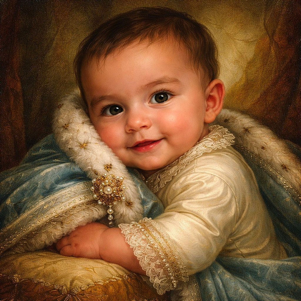 A cute baby cuddles a soft blue blanket with a smile that could melt hearts, lying on a cozy bed with patterned sheets in the background.