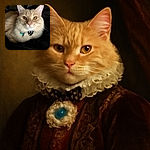 A fluffy cream-colored cat with golden eyes lounges comfortably on a dark surface, sporting a stylish black bow tie with a white pattern and a blue tag, looking like it's ready for a fancy feline gala.