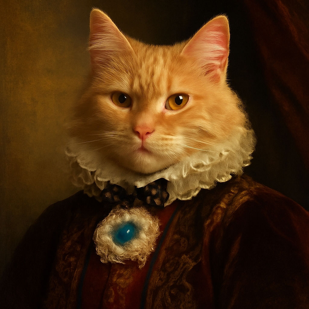 A fluffy cream-colored cat with golden eyes lounges comfortably on a dark surface, sporting a stylish black bow tie with a white pattern and a blue tag, looking like it's ready for a fancy feline gala.