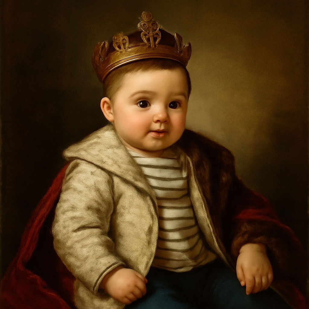 A chubby-cheeked baby dressed in cozy casual wear, sitting comfortably on a soft beige blanket, looking curiously with wide eyes and a slightly open mouth as if about to say something important.