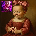 A charming baby dressed in vibrant pink with a matching headband, clutching a pacifier while giving a sweet, shy smile under soft purple lighting that makes the scene feel like a cozy dream.
