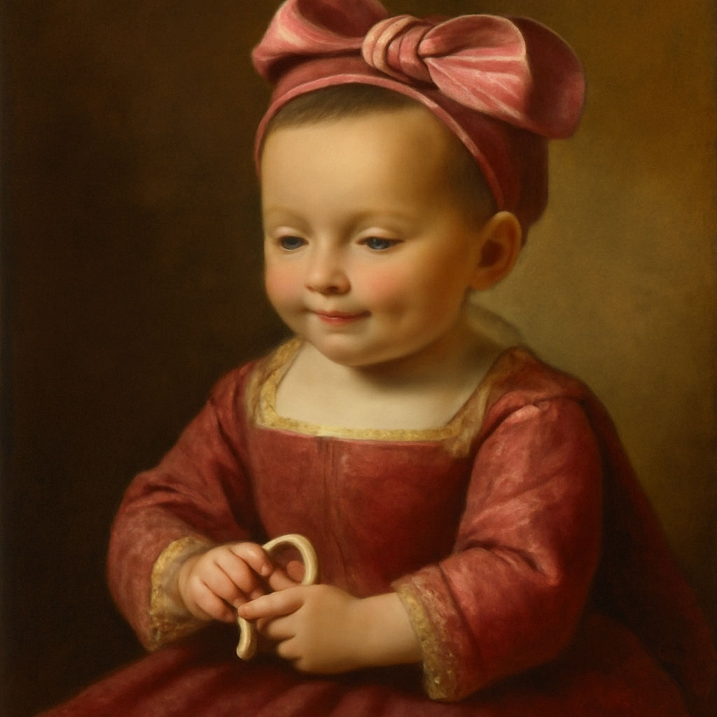 A charming baby dressed in vibrant pink with a matching headband, clutching a pacifier while giving a sweet, shy smile under soft purple lighting that makes the scene feel like a cozy dream.