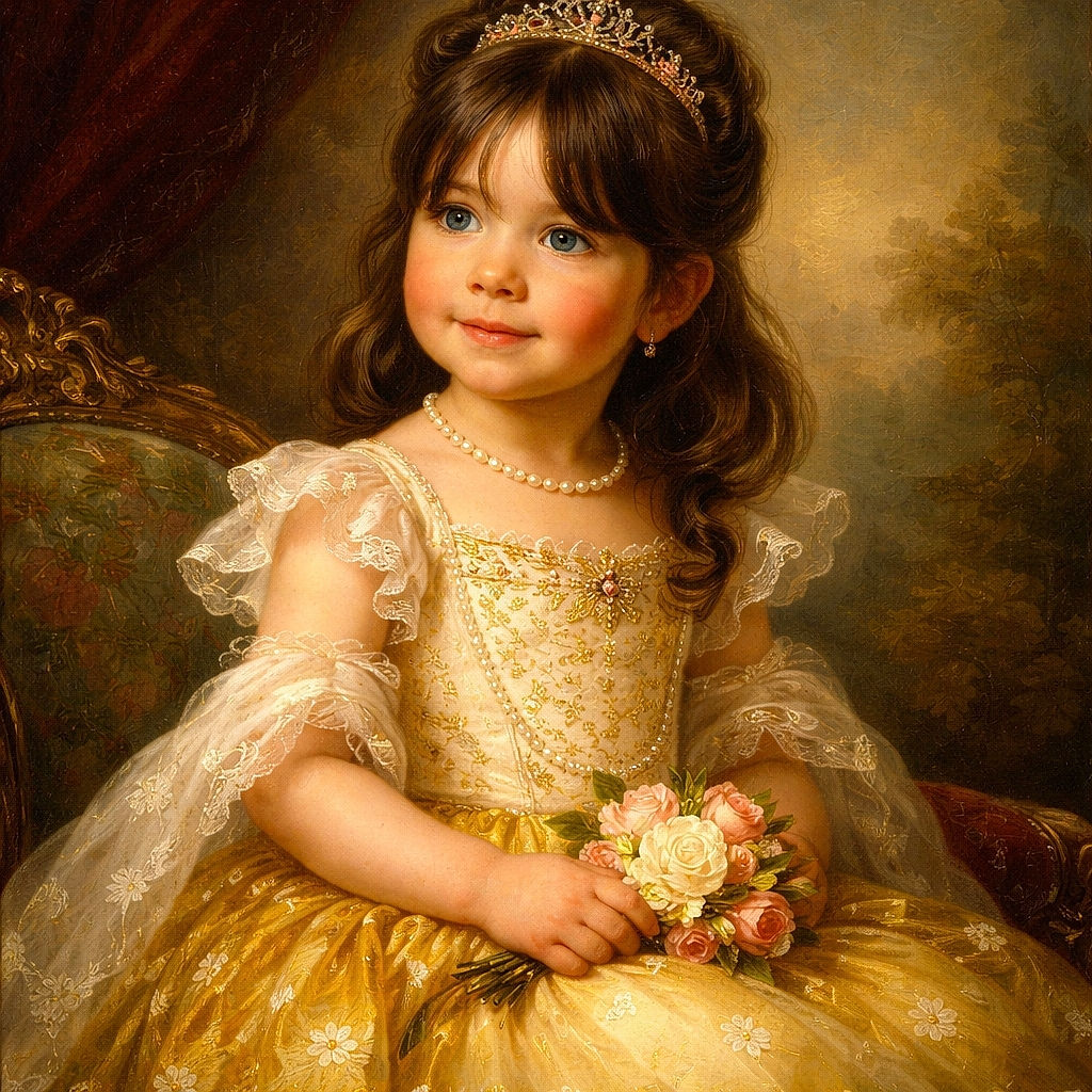 A cute toddler with dark hair sits comfortably on a green suitcase in what appears to be an airport or station. She wears bright yellow pants with white flowers, a white shirt with a cartoon print, and floral shoes. The background is an industrial-style space with a metal luggage cart and a sign in French.