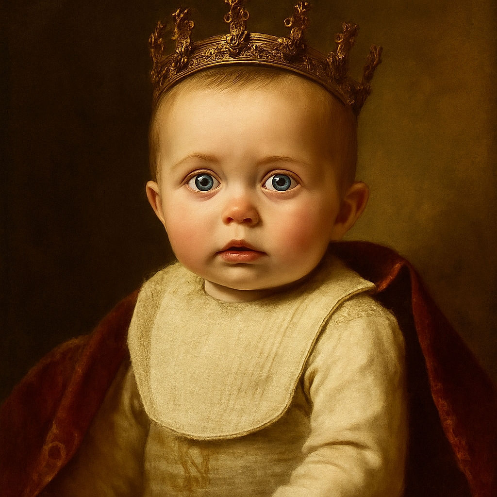 A close-up portrait of a wide-eyed baby with striking blue eyes and soft skin, wearing a white bib and a light blue outfit, against a cozy textured background that makes the innocence pop.