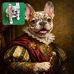 A charming French Bulldog puppy with a unique spotted face looks up with a happy, slightly open mouth, standing on a green textured surface that adds a playful background blur.