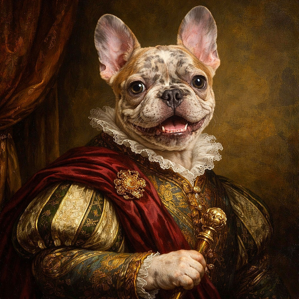 A charming French Bulldog puppy with a unique spotted face looks up with a happy, slightly open mouth, standing on a green textured surface that adds a playful background blur.
