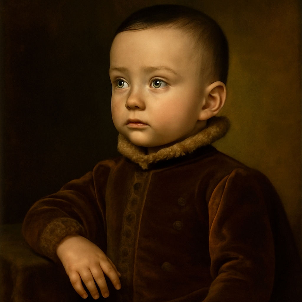 A curious toddler in a brown sweatshirt with dog prints sits in a high chair, gazing off to the side with wide blue eyes, one hand resting on the white tray, looking ready for a snack or a tiny adventure.