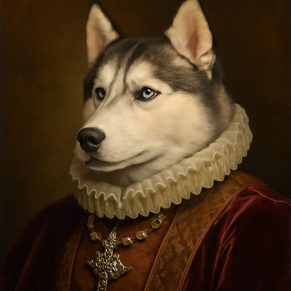 A majestic Siberian Husky lounges on a bed, sporting a sparkly butterfly pendant that adds a touch of bling to its natural beauty. The dog's piercing blue eyes gaze off-camera, while the cozy indoor setting with patterned wallpaper and soft bedding creates a warm atmosphere.