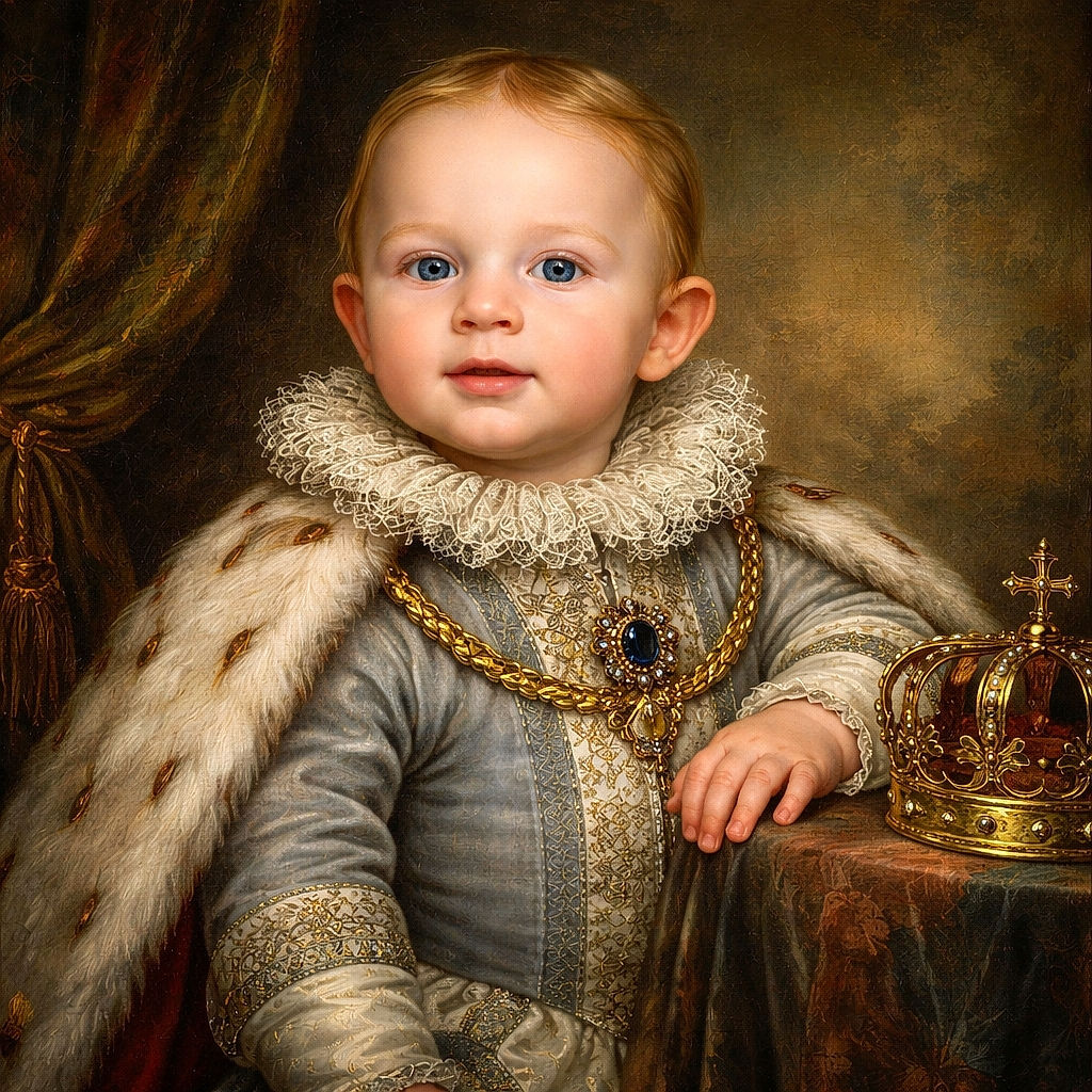 A charming baby leans forward on a fluffy white blanket, set against a whimsical backdrop featuring giant teddy bears, stars, clouds, and a hot air balloon, creating a dreamy nursery scene.