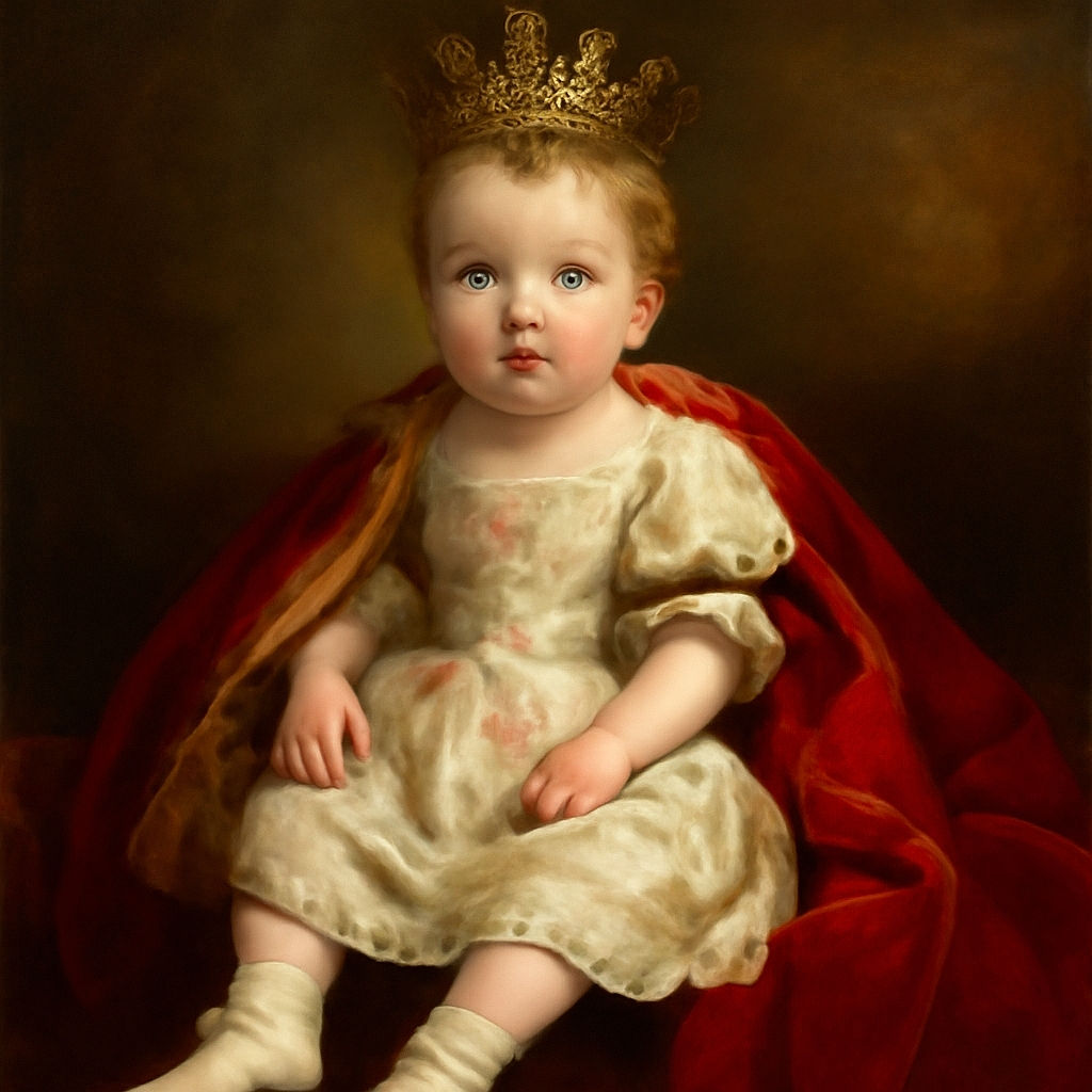 An adorable toddler with striking blue eyes and rosy cheeks sits comfortably in a black car seat, wearing a floral dress and white socks with fancy shoes. The photo captures the innocence and curiosity of the child, with soft natural lighting highlighting the delicate features and the cozy car interior as the background.