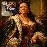 A cozy living room scene where an elderly woman wearing a Mexico shirt is holding a toddler dressed in a bright red Valentine's Day outfit. They sit on a dark leather couch surrounded by everyday household items, toys, and a basket of colorful objects on a brown ottoman. The warm lighting and casual setting give a homely and affectionate vibe.