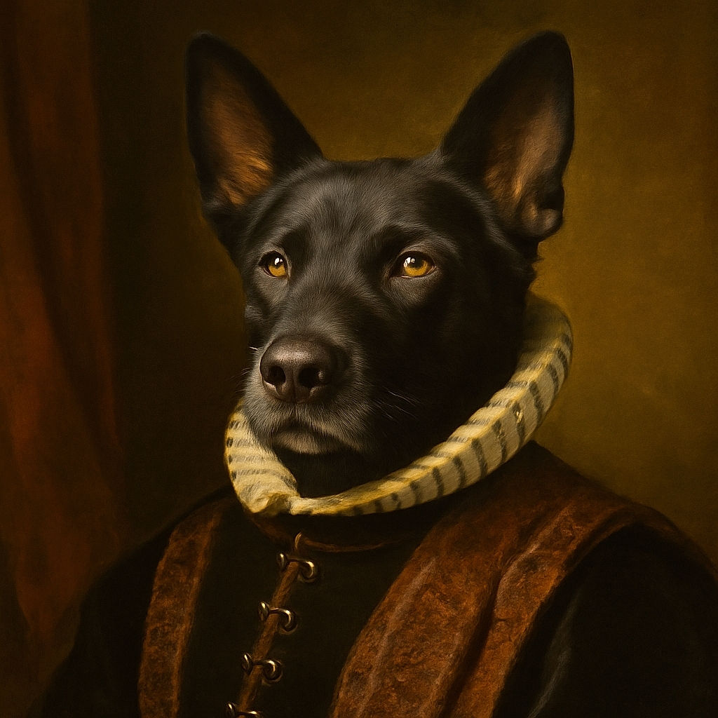 A sharply focused black dog with expressive amber eyes stares intently at the camera, ears perked up like it's ready to take on the world. The softly blurred indoor background adds a cozy vibe, making this canine look like the ultimate homebody superstar.