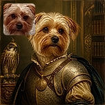 A fluffy little dog fills the frame with enormous shiny eyes and a serious button nose, looking like it has just discovered the camera and is preparing to negotiate for snacks. The warm close-up portrait is cozy and detailed, with a softly textured background and dramatic puppy-dog expression.