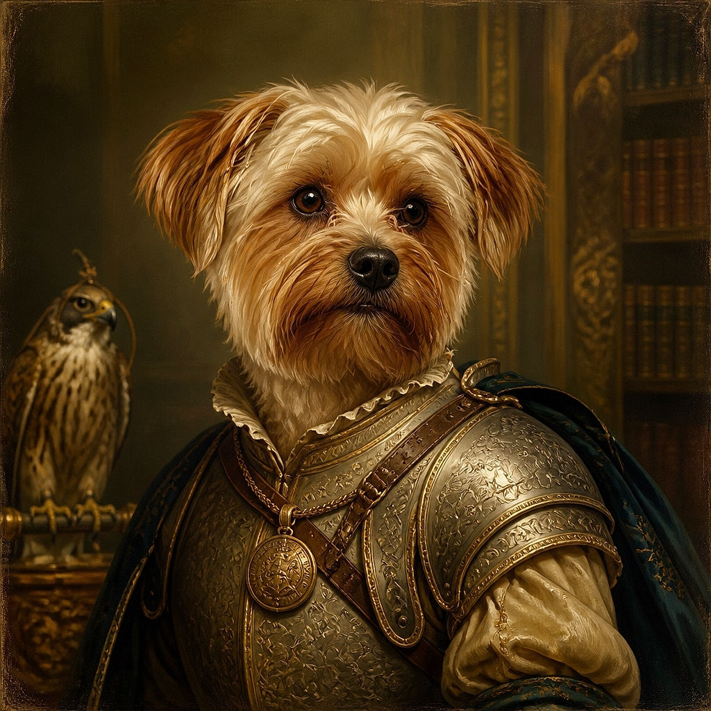 A fluffy little dog fills the frame with enormous shiny eyes and a serious button nose, looking like it has just discovered the camera and is preparing to negotiate for snacks. The warm close-up portrait is cozy and detailed, with a softly textured background and dramatic puppy-dog expression.