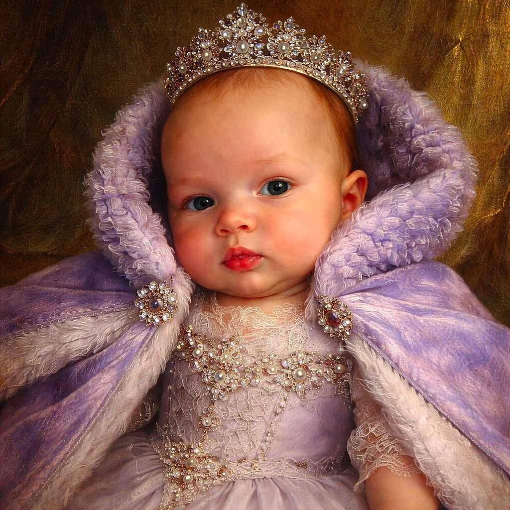 A tiny human in a fluffy purple hood is pulling a dramatic "pooping face" (caption and all), tongue peeking out while snuggled on a colorful polka-dot cushion — peak baby theatrics.