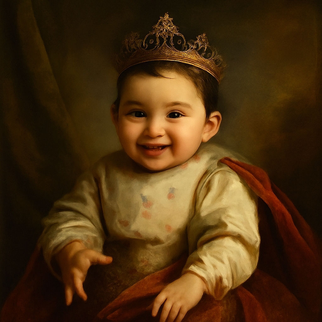 A chubby-cheeked baby with a mischievous smile is lounging comfortably in a baby seat, wearing a polka-dotted bib and reaching out with tiny hands. The background shows a colorful playpen filled with vibrant plastic balls, adding a playful vibe to the cozy indoor scene.