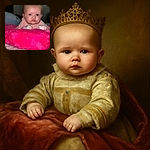 A cute baby with big curious eyes lies on a bright pink fuzzy blanket, looking intently at the camera with a soft, dimly lit background that adds warmth to the scene.