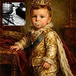 A charming toddler stands barefoot on a fluffy carpet, gripping a wooden coffee table for balance. The child sports playful pajamas covered in cartoon characters and has a pacifier in their mouth, with wide curious eyes looking towards the camera. The cozy living room setting includes a couch with a pillow, a lamp, and a dresser with decorative items, all captured in a soft black and white tone that adds a timeless feel.