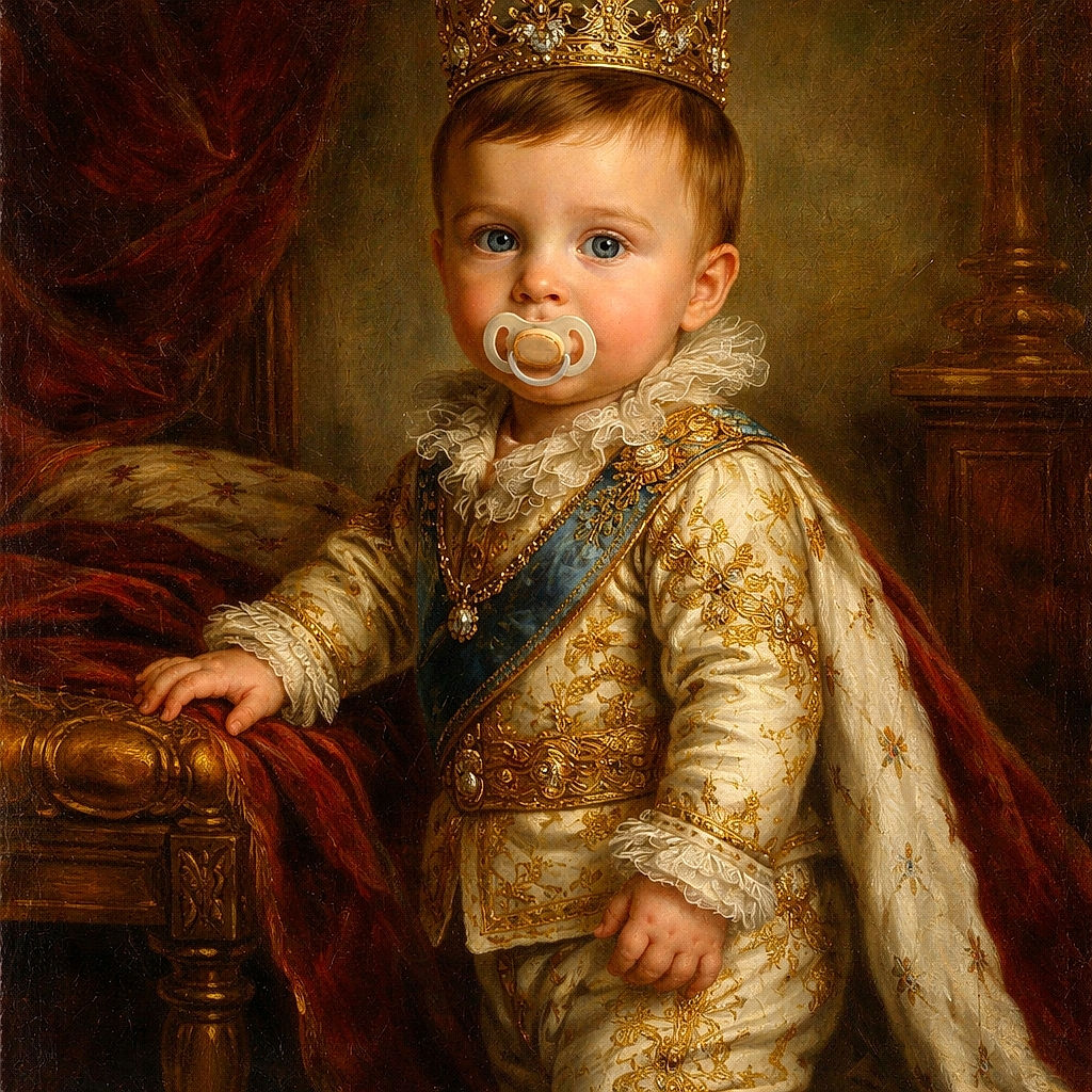 A charming toddler stands barefoot on a fluffy carpet, gripping a wooden coffee table for balance. The child sports playful pajamas covered in cartoon characters and has a pacifier in their mouth, with wide curious eyes looking towards the camera. The cozy living room setting includes a couch with a pillow, a lamp, and a dresser with decorative items, all captured in a soft black and white tone that adds a timeless feel.