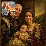 A smiling family poses with their baby while the sunset behind them puts on a spectacular orange-and-gold sky show—apparently determined to steal the selfie spotlight. Boats, rooftops, and a hillside complete the scenic harbor backdrop.