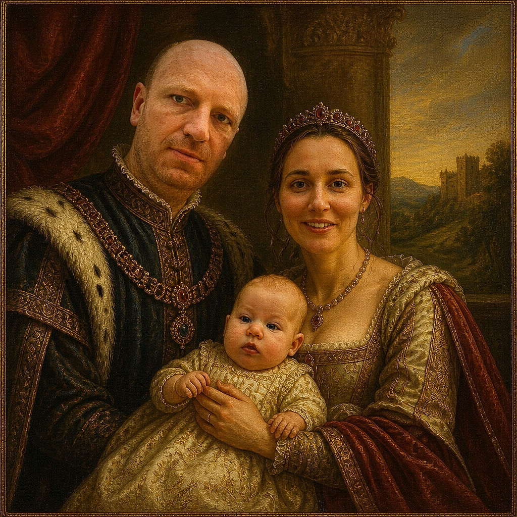 A smiling family poses with their baby while the sunset behind them puts on a spectacular orange-and-gold sky show—apparently determined to steal the selfie spotlight. Boats, rooftops, and a hillside complete the scenic harbor backdrop.