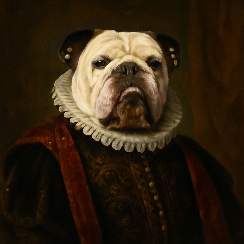 A charming bulldog stands proudly on a sunlit lawn, its tongue playfully sticking out, with a soft-focus background that highlights the dog's expressive face and sturdy build.